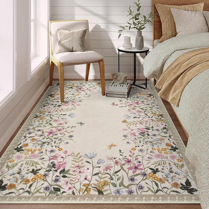 Wonnitar Washable 4x6 Rug for Bedroom, Floral Print Area Rug for Living Room, Non-Slip Entryway Throw Mat, Low Pile Botanical Area Rug Floor Carpet for Bedside (Beige,4'x6')