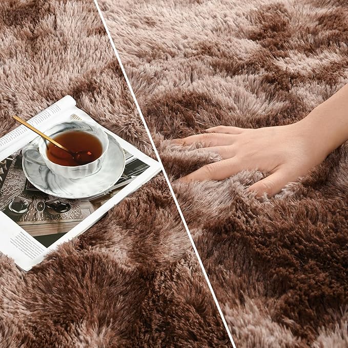 Large Shag Area Rugs 9 x 12, Tie-Dyed Plush Fuzzy Rugs for Living Room, Ultra Soft Fluffy Furry Rug for Bedroom, Indoor Carpet Nursery Rugs for Kids Room Home Decor, Coffee