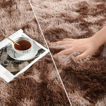 Large Shag Area Rugs 9 x 12, Tie-Dyed Plush Fuzzy Rugs for Living Room, Ultra Soft Fluffy Furry Rug for Bedroom, Indoor Carpet Nursery Rugs for Kids Room Home Decor, Coffee