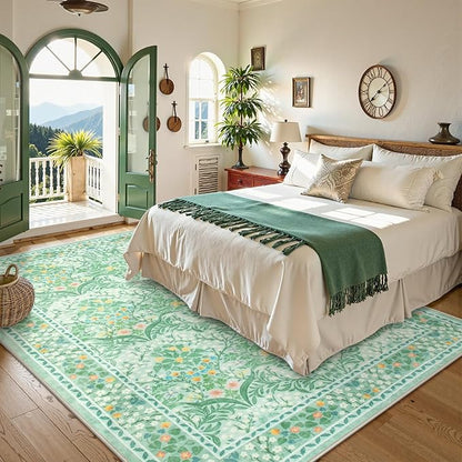 Lahome Floral Washable Area Rugs 5x7, Soft Green Rugs for Living Room Bedroom, Boho Non Slip Low Pile Forest Stain Resistance Large Throw Carpet for Farmhouse Dining Room Office,Sage Green