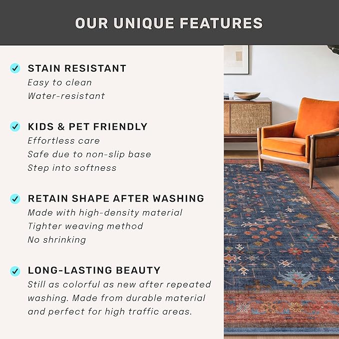 Boho Navy Blue 10x12 Area Rug for Living Room, Extra Large Dining Room Rugs for Under Table, Soft Low Pile Carpet for Bedroom - Vintage Floral Rug, Non-Slip, Lightweight & Stain Resistance