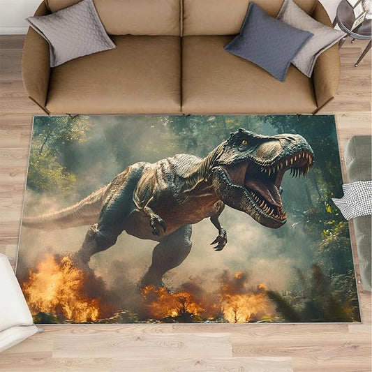 Dinosaurs Rugs for Bedroom - 4x5 Area Rug - Flame Dinosaurs Rugs for Living Room, Forest Landscape Rug, Washable Home Decor Carpet