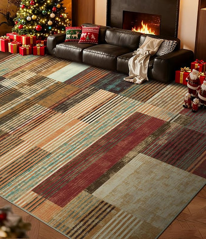 YIHOUSE Brown Area Rug 8x10, Farmhouse Rugs Washable,Vintage Burgundy Carpets for Bedroom,Burnt Orange Area Rug Non Slip,Geometric Boho Rug for Kitchen,Dining Room