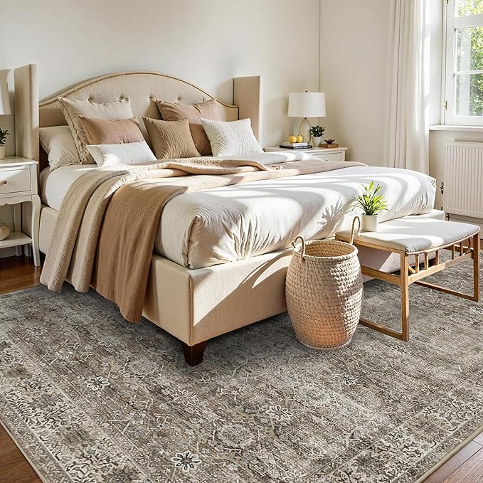 5x7 Washable Rug for Living Room Large Vintage Distressed Bedroom Rug Low Pile Non-Slip Soft Boho Carpets for Bedroom Dining Room Home Office Indoor Nursery Antique/Moss