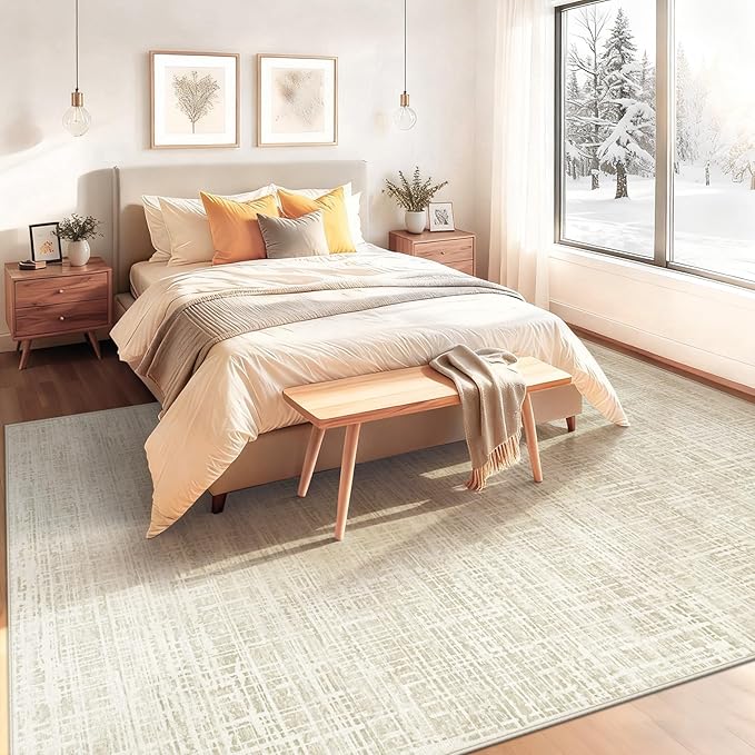 8x10 Area Rugs for Living Room, Washable Large Area Rug Neutral Modern Abstract Bedroom Rug Soft Non Slip Low Pile Stain Resistant Indoor Carpet for Nursery Kids Dining Room Office(Beige, 8'x10')