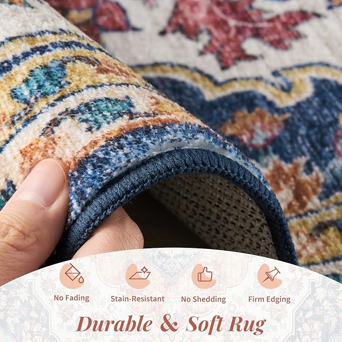 tchdio 3x5 Bedroom Area Rug, Non Slip Washable Entryway Rug Indoor, Soft Low Pile Vintage Door Mat, Stain Resistant Rug for Entrance, Bedside, Dining Room (Multi, 3'x5')