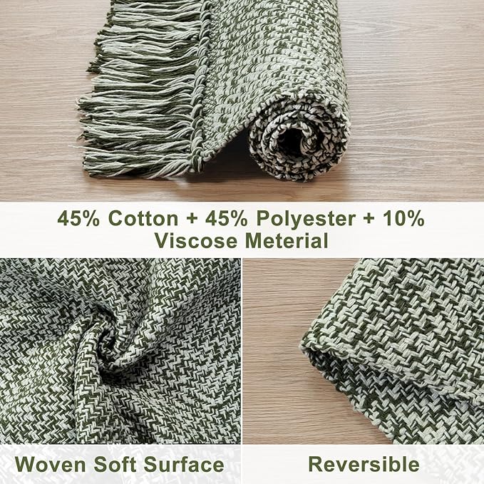Collive Hallway Runner Rug, 2' x 5' Soft Washable Kitchen Runner Rug, Olive Green/Cream Contemporary Modern Laundry Room Rugs Indoor Hand-Woven Cotton Carpet for Bedroom Entryway Front Door Farmhouse