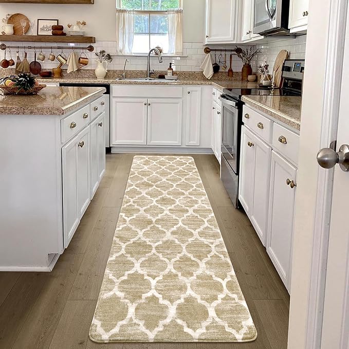 Lahome Moroccan Washable Runner Rug - 2x7 Runner Rug Non-Slip Kitchen Runner Ultra-Thin Non-Shedding Soft Hallway Rug, Modern Trellis Print Indoor Carpet Runners for Entryway Bedroom (Taupe, 2'x7')