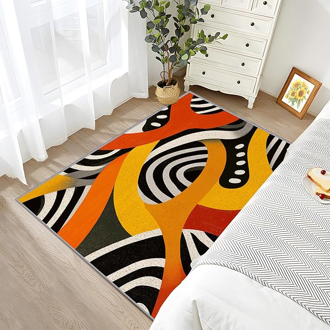 Pop Art Area Rugs - Retro Colorful Abstract Rug 4x5, Hippie Aesthetic Funky High Traffic Shed Resistant Carpets Room Decor #C095