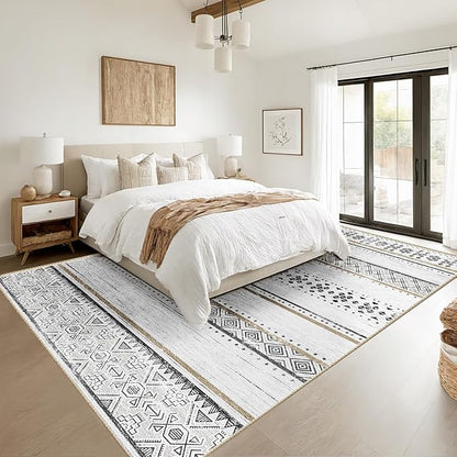 BESTSWEETIE 3x5 Area Rugs for Living Room Washable Moroccan Farmhouse Neutral Geometric Low Pile Non-Slip Soft Print Pattern Rug for Bedroom Kitchen Dining Room Entryway Black/Brown