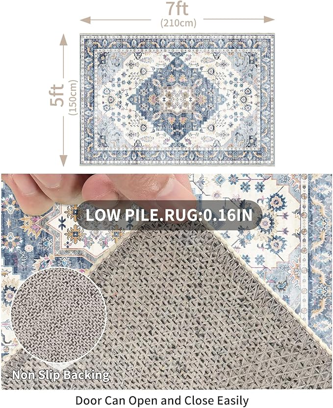 Enkor Area Soft Rugs 5x7 Washable Non Slip Boho Floor Rugs for Living Room Bedroom, Vintage Style Farmhouse Mat for Kitchen Entryway Blue & White