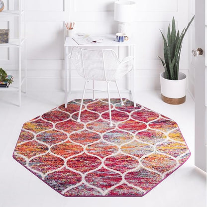 Rugs.com Lattice Frieze Collection Rug – 5' Octagon Multi Medium Rug Perfect for Living Rooms, Kitchens, Entryways