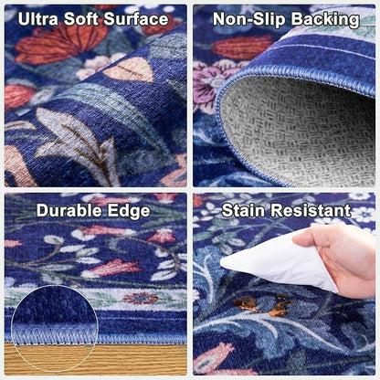 Area Rug Living Room Rugs: Floral 4x6 Washable Rug Vintage Soft Boho Non-Slip Carpet Indoor Floor Stain Resistant Large Carpets for Bedroom Dining Room Farmhouse Nursery Hallway Home Office Blue