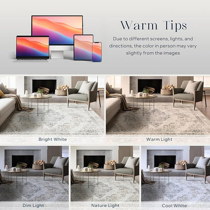 Phantoscope Washable Area Rug 5'x7' Non-Slip, Vintage Neutral Rugs for Living Room, Bedroom, Dining Room, Distressed Boho Medallion Pattern, Low-Pile Foldable Floor Carpet, Silver Grey/Taupe