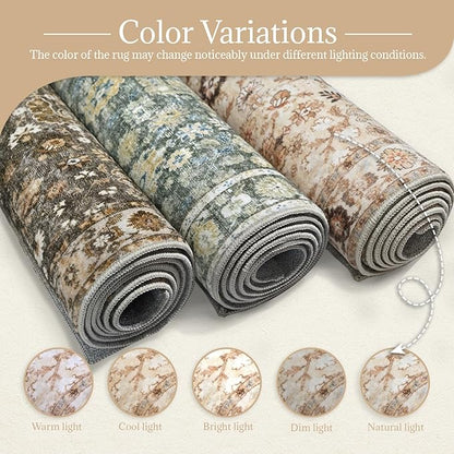 Washable Area Rugs 5'x7' Non-Slip Vintage Boho Distressed Fade Resistant Low Pile Carpet for High-Traffic Living Room, Bedroom & Dining Room