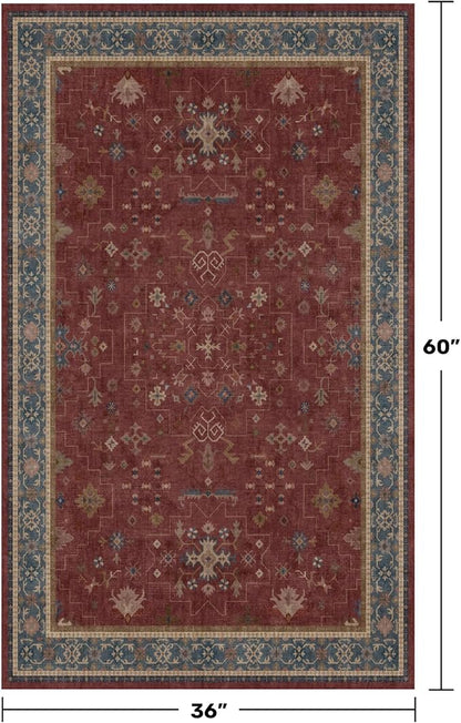 Washable 3x5 Entry Way Rugs Indoor - Burgundy Large Kitchen Rug, Non Slip Unique Bohemian Red Low Pile Thin Carpet for Bedroom Bedside, Foyer