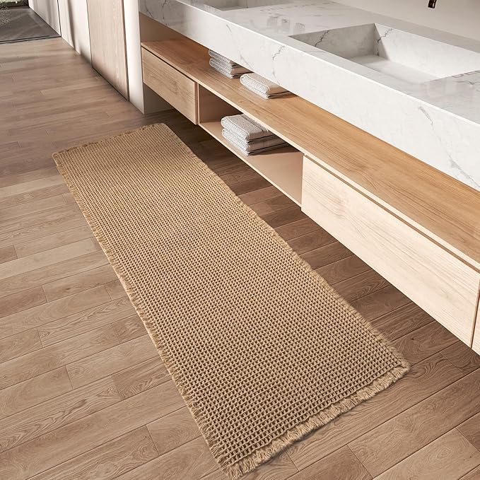 AMOAMI Upgraded Waffle Runner Rug, Super Absorbent Non Slip Bath Mats for Bathroom Floor, Machine Washable Bathroom Boho Runner Rug with Tassels, Ideal for Hallway Bedroom Laundry Room,17" x 60"