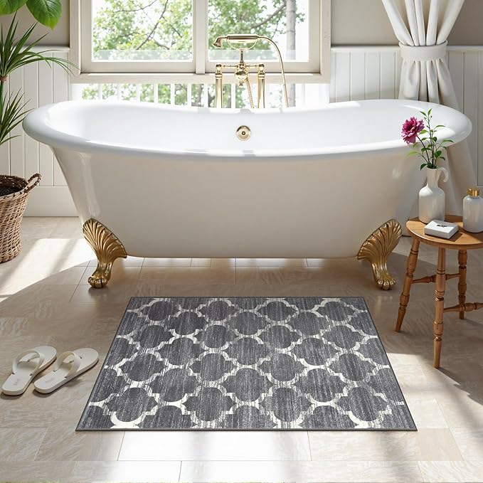 Lahome Moroccan Washable Entry Rug - 2x3 Small Throw Kitchen Rugs Non-Slip Soft Area Rugs for Bedroom Grey Distressed Bathroom Mats Indoor Doormat Carpet for Entryway Laundry Room Living Room Bedside