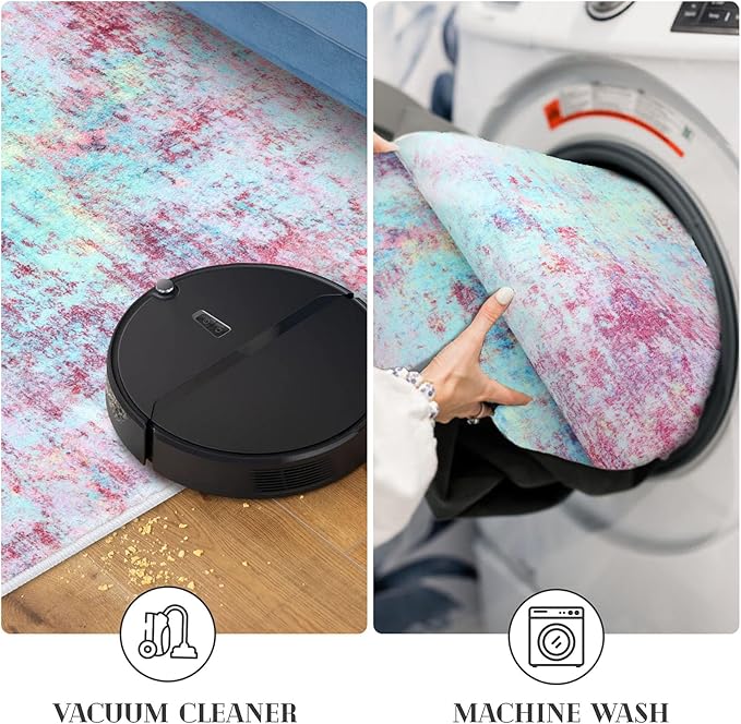 Modern Abstract 2x3 Girls Room Rug, Machine Washable Blush Pink Sky Blue Small Area Rug Thin Kitchen Mat Non-Slip, Print Faux Wool Soft Floor Carpet for Girl Women's Bedroom Entryway Bedside
