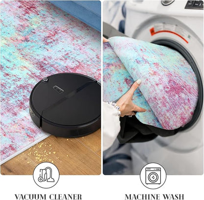 Modern Abstract 2x3 Girls Room Rug, Machine Washable Blush Pink Sky Blue Small Area Rug Thin Kitchen Mat Non-Slip, Print Faux Wool Soft Floor Carpet for Girl Women's Bedroom Entryway Bedside