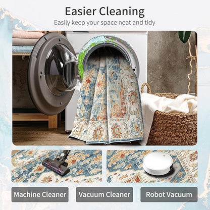 Enkor Area Soft Rugs 9x12 Washable Non Slip Boho Floor Rugs for Living Room Bedroom, Vintage Style Farmhouse Mat for Kitchen Entryway Orange & Blue