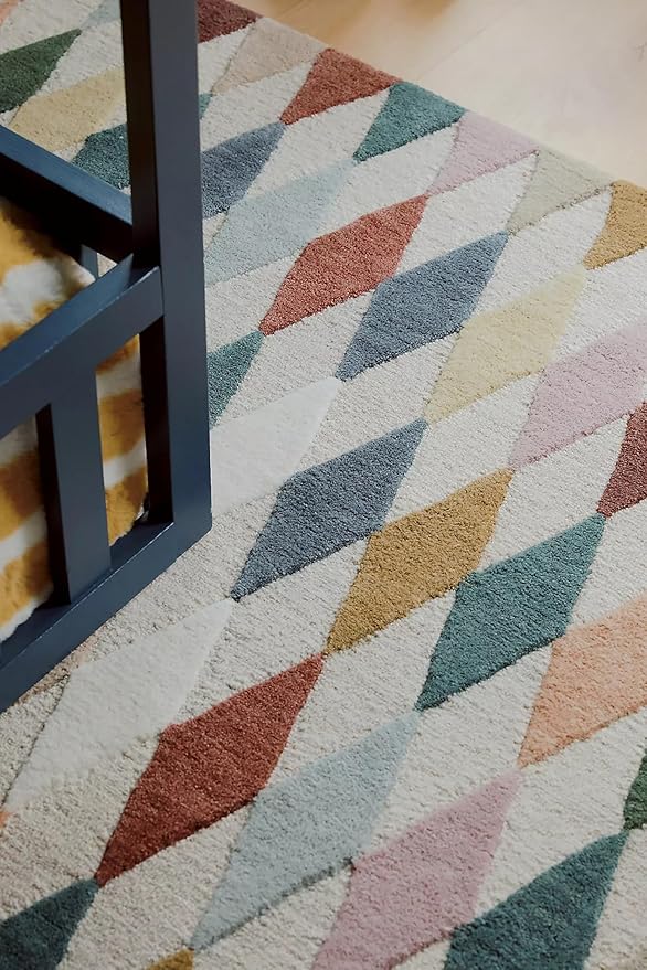 Hand-Tufted Wool Rug with Multicolor Diamond Pattern (2.5x11 Ft) - Modern Geometric Accent Rug for Living Room, Bedroom, or Office, Ivory Base