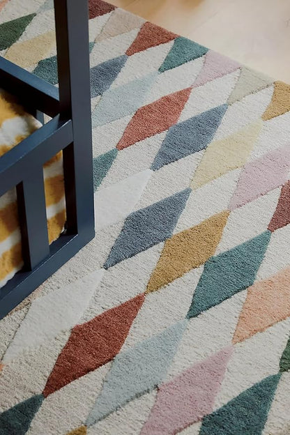Hand-Tufted Wool Rug with Multicolor Diamond Pattern (8x12 Ft) - Modern Geometric Accent Rug for Living Room, Bedroom, or Office, Ivory Base
