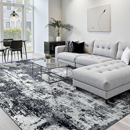 Washable Area Rugs 5'x7' Non-Slip Modern Abstract Soft for Living Room Entryway Bedroom Nursery, Print Pattern, Black Gray