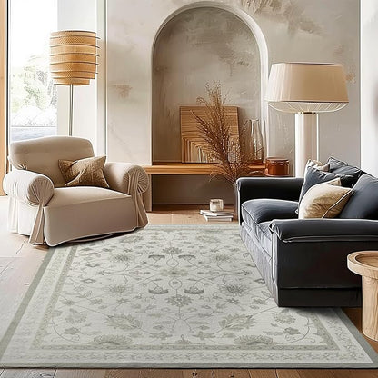 EVERGRACE Area Rugs for Living Room 6x9, Boho Floral Faux Wool Indoor Outdoor Rugs, Washable Rugs for Bedroom Dining Room Entryway Kitchen, Low Pile Floor Mat Carpet for Home Decor, Cool Gray