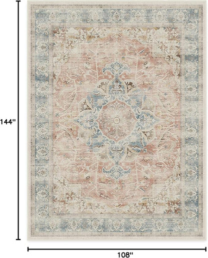 RUGGABLE Washable Vintage Area Rug – Sarrah Coral 9x12, Stain-Resistant, Non-Slip – Large Machine Washable Rugs for Living Room, Bedroom, Hallway, Entryway & Office–with Cushioned Pad