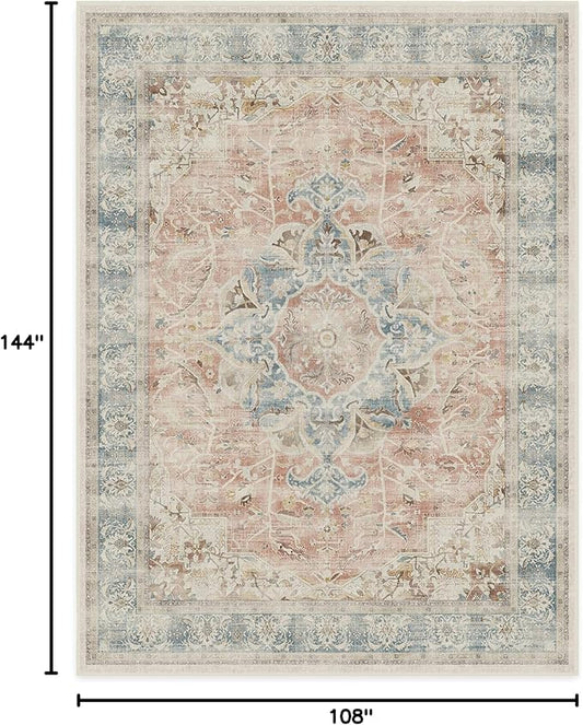 RUGGABLE Washable Vintage Area Rug – Sarrah Coral 9x12, Stain-Resistant, Non-Slip – Large Machine Washable Rugs for Living Room, Bedroom, Hallway, Entryway & Office–with Standard Pad