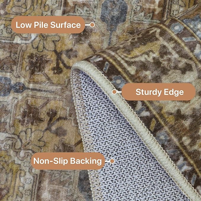 GENIMO 8x10 Area Rugs for Living Room, Machine Washable Non Slip Vintage Rugs, Low Pile Lightweight Chenille Print Rug for Bedroom, Dining Room, Home Office, Rustic Brown