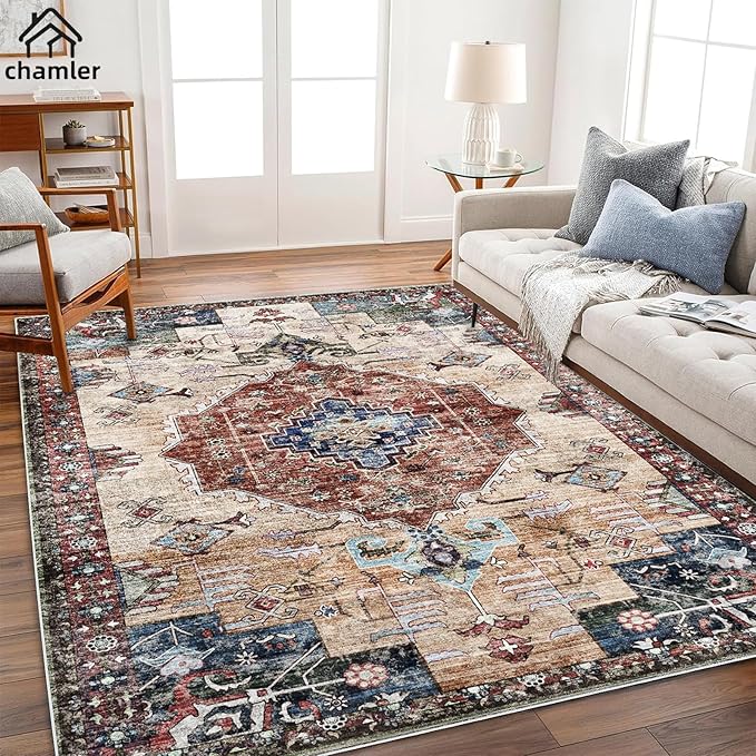 10'x14' Washable Area Rug Boho Chic Medallion Distressed Design Non-Shedding Easy Care Ideal for High Traffic Areas in Rugs for Living Room Bedroom Office Coffee Table Large Carpet