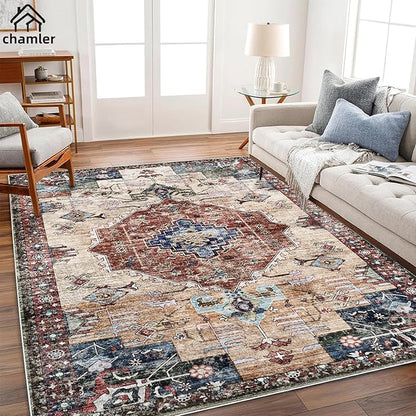 10'x14' Washable Area Rug Boho Chic Medallion Distressed Design Non-Shedding Easy Care Ideal for High Traffic Areas in Rugs for Living Room Bedroom Office Coffee Table Large Carpet