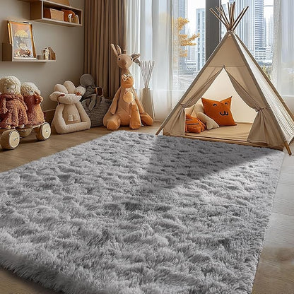 Zentavio Grey and White Area Rugs for Living Room Large Men Room Carpet 5x8 Bedroom Fluffy Furry Shag Aesthetic Plush High Pile Floor Rug for Kids Room Dorm Home Decor Tie-Dyed Grey White