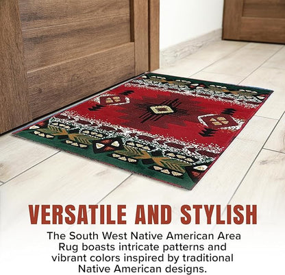 YHSF South West Native American Area Rug C318 - Easy Clean, Thick, Soft, Durable Native Tribal American Indian Inspired Rug for Bedroom/Living Room and More - Red, 2 Feet x 3 Feet 4 Inches