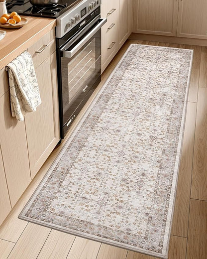 LUMI Washable Kitchen Rug, 23x87 Non-Slip Indoor Hallway Runner, Soft Low Pile Vintage Distressed Area Rugs for Laundry, Bedroom, Beige