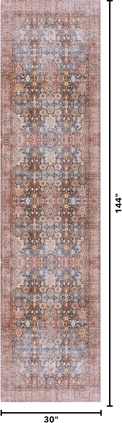 Kuden 2'6"x12 Runner Rug, Machine Washable Area Rug with Non-Slip Backing, Vintage Style, Soft, Easy Clean, Low Pile Rug for Hallway, Entryway, Kitchen, Bedroom