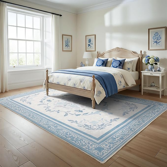 SOULFUL Medium Pile 3x5 Area Rug - Cozy Soft Underfoot Small Entryway Rug - Mist Blue Boho Floral - Washable Non-Slip - Perfect for Living Room Bedroom Foot Kids Room Reading Nook