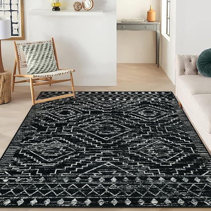 Wonnitar Moroccan 8x10 Area Rugs for Living Room, Washable Large Black Rug for Bedroom, Non-Slip Soft Thin Stain Resistant Boho Tribal Floor Carpet for Dining Guest Room Office (Black,8'x10')