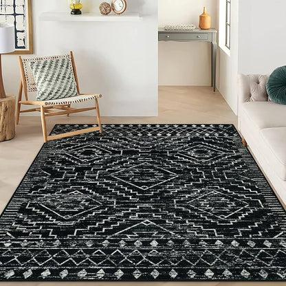 Wonnitar Moroccan 8x10 Area Rugs for Living Room, Washable Large Black Rug for Bedroom, Non-Slip Soft Thin Stain Resistant Boho Tribal Floor Carpet for Dining Guest Room Office (Black,8'x10')