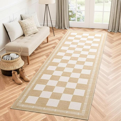 Vasofe 2x6 Runner Rug for Hallway, Washable Checkered Jute Rugs, Outdoor Indoor Patio Porch Balcony Bedroom Kitchen Laundry Geometric Mat, Non Slip Plaid Farmhouse Design Carpet, Khaki and White