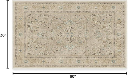 RUGGABLE Washable Vintage Area Rug – Kamran Ivory Opal 3x5, Stain-Resistant, Non-Slip – Small Machine Washable Rugs for Living Room, Bedroom, Hallway, Entryway & Office–with Standard Pad