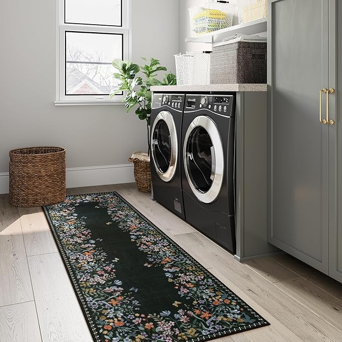 Lahome Boho Floral 2x6 Black Bathroom Runner Rugs Non Skid Washable, Rug Runners for Hallways Non Slip Kitchen Carpet Runner, Soft Runners for Entryway Laundry Bedroom(2x6ft,Black)