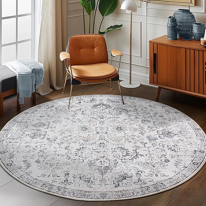 jinchan Kalen Round Rug 7ft Area Rug Washable Vintage Indoor Retro Floor Cover Distressed Gray Floral 7' Round Circle Boho Non Slip Thin Carpet for Living Room Dining Room Bedroom Kitchen Grey