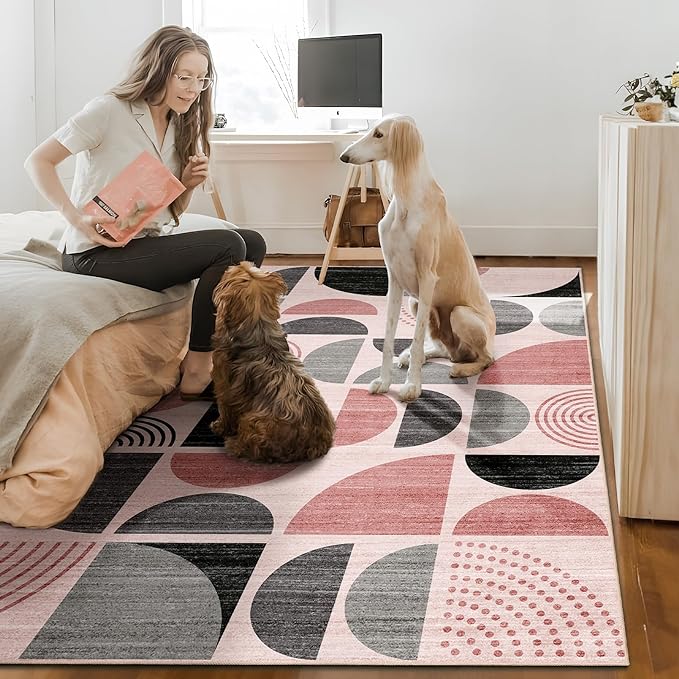 MUJOO Pink Rug Boho Washable,4x6.5 Area Rugs for Bedroom Entryway Living Room Bedside,Small Throw Floor Carpet Non Slip Soft Indoor Modern Abstract Pink and Grey