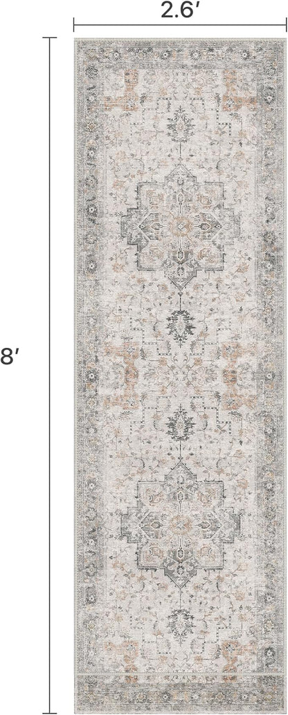 Runner Rug 2'6''x8, Non Slip Vintage Hallway Runner Rugs, Low Pile Lightweight Machine Washable Mat for Hallway, Entryway, Bedroom, Kitchen and Corridor, Light Taupe Brown