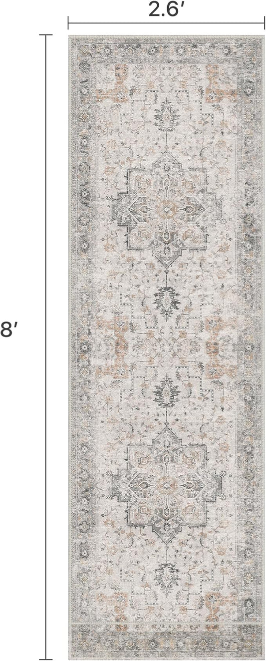 Runner Rug 2'6''x8, Non Slip Vintage Hallway Runner Rugs, Low Pile Lightweight Machine Washable Mat for Hallway, Entryway, Bedroom, Kitchen and Corridor, Light Taupe Brown