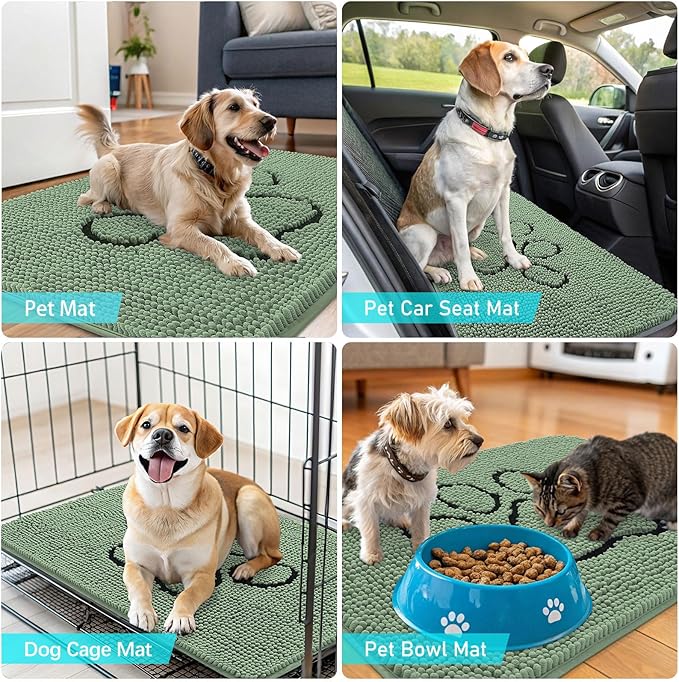 OLANLY Dog Door Mat for Muddy Paws 36x24, Paw Print Design, Absorbs Moisture and Dirt, Absorbent Non-Slip Washable Doormat, Quick Dry Chenille Mud Mat, Entry Indoor Entryway Carpet, Olive Green
