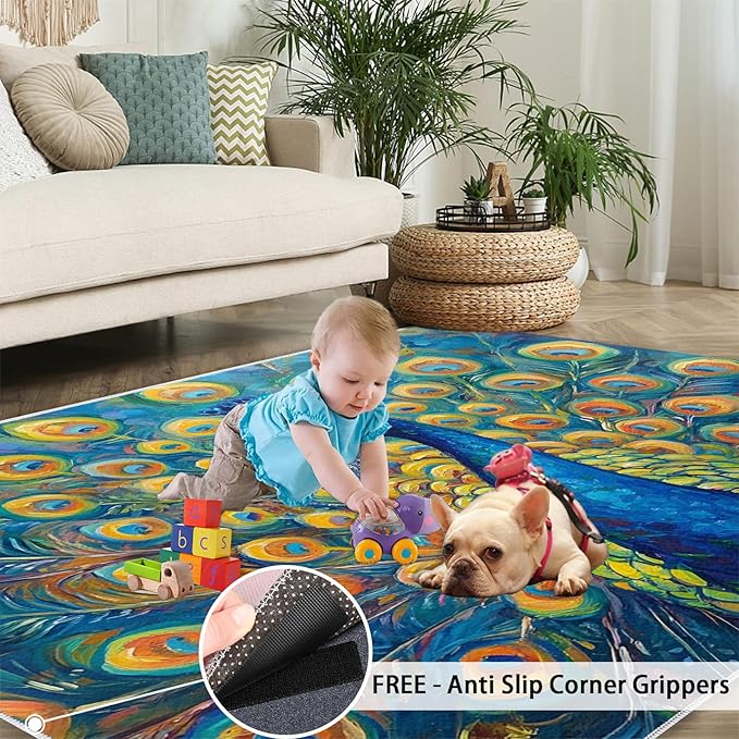 Peacock Area Rug 8x10-8x10 Rug, Wonderful Peacock Rugs for Living Room, Teal Turquoise Carpet, Peafowl Washable Area Rugs for Bedroom, Aesthetics Carpet - Peafowl Home Decor & Gifts